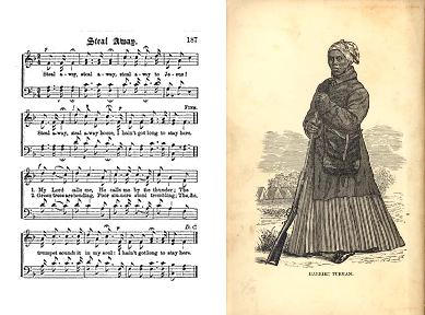 Sheet music to "Steal Away to Jesus," and a drawing of Harriett Tubman
