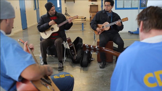 Quetzal Flores (left) and Cesar Castro teaching a son jarocho workshop at Corcoran State Prison.