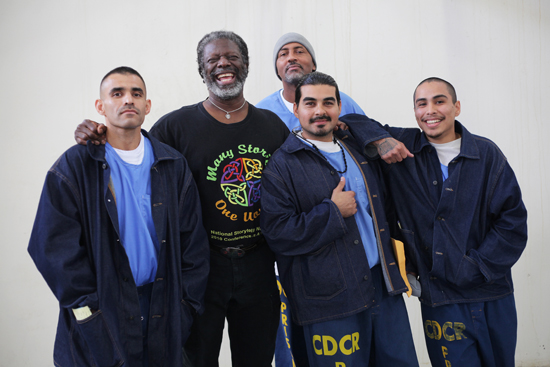 Michael McCarty (second from left) and participants in his storytelling workshop  taught at Corcoran State Prison from September-December 2014.