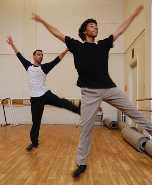Tap dance is good for you!  Both master artist John Kloss (left) and apprentice Charles John Grant began their tap dance careers as children as a path to health.  They demonstrate their abundant vim and vigor during a lesson at City Dance Studios in San Francisco.