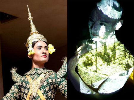 Prumsodun performing as Prince Vorachhun, princely manifestation of the earth during the World Festival of Sacred Music in 2008; Prumsodun as Neang Sovann Atmani from his original work, "Robam Lom Arom."
