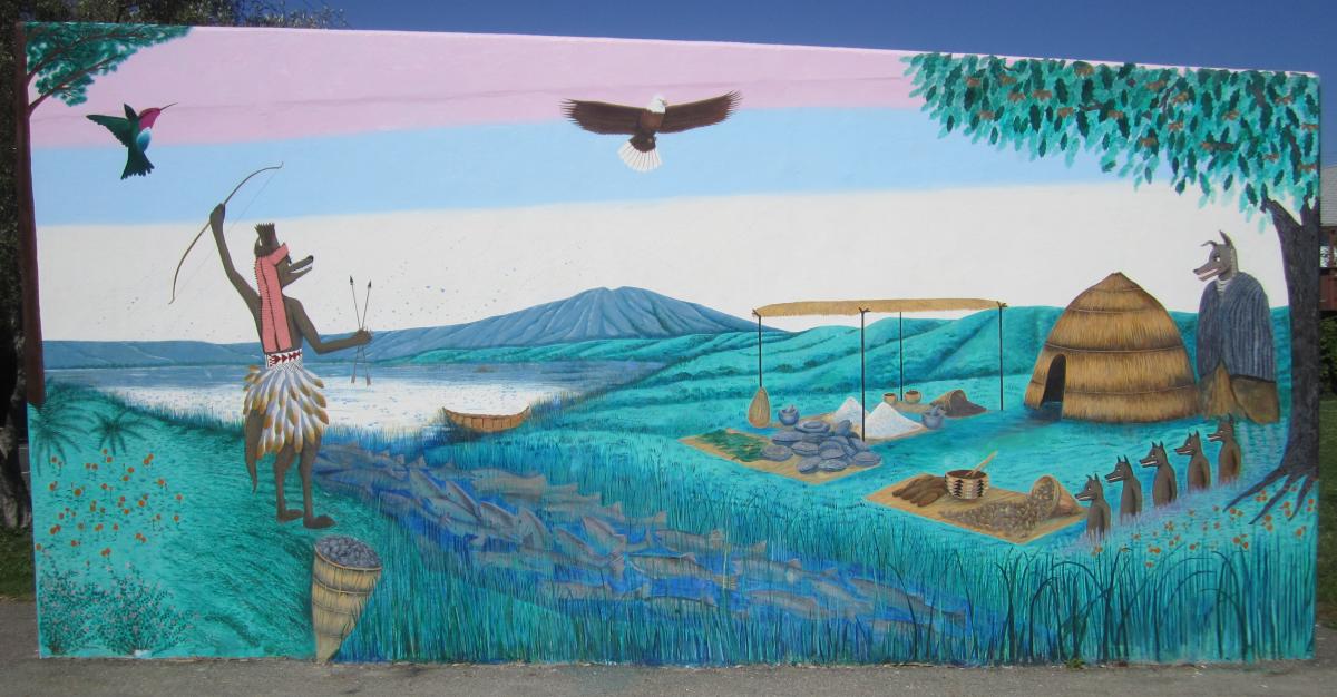 Mural by Jean LaMarr depicting the ancestral stories of the Muwekma Ohlone tribe, located at Ohlone Park in Berkeley. Photo by Bill Newton.