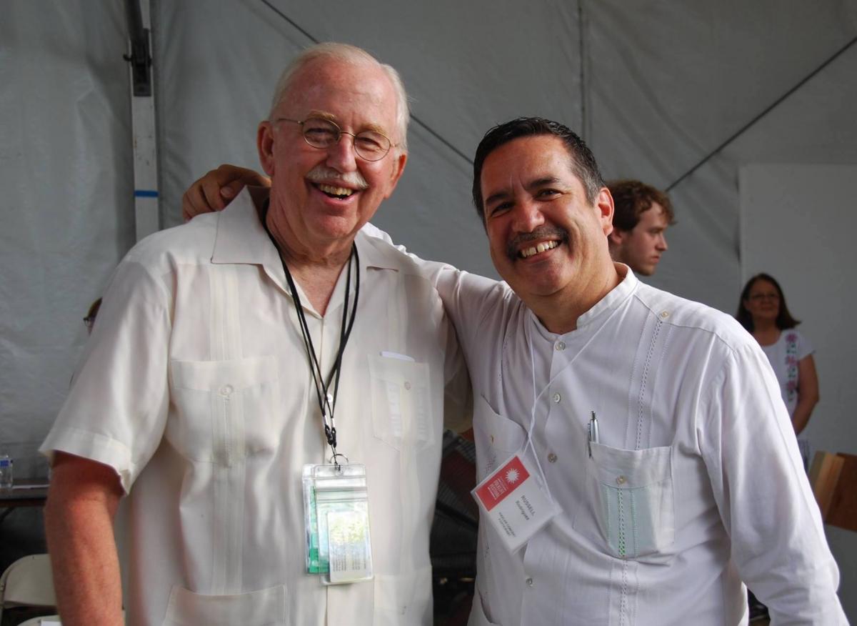 ACTA Board President Dan Sheehy (L) and Russell Rodríguez are long time friends who share a love of Mariachi musicianship and scholarship. Pictured the co-hosting the Ralph Rinzler memorial concert at the 2015 Smtihsonian Folklife Festival in Washington, D.C. Photo: Lily Kharrazi/ACTA.